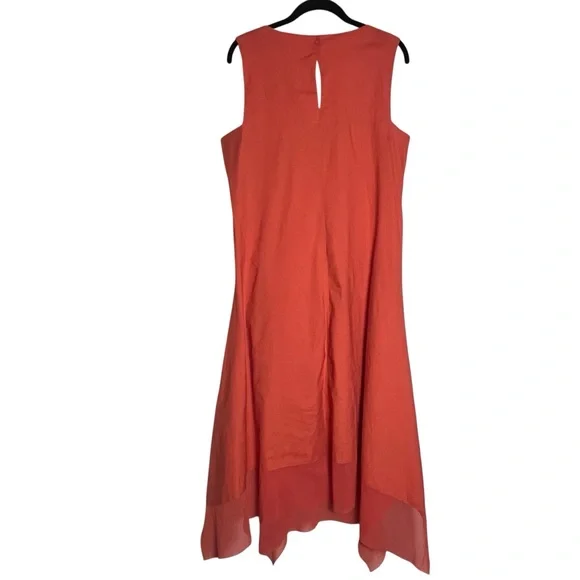For Cynthia Linen Blend Coral Asymmetrical Sleeveless Square Neck Dress — L - Picture 2 of 11